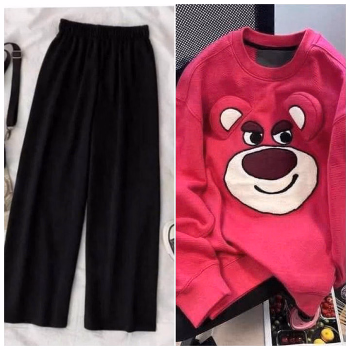 Sét Bộ Thu Đông Quần Ống Rộng + Mix Kèm Áo Sweater Gấu Dâu Hồng Có 2 Tai Cute - Ảnh 2