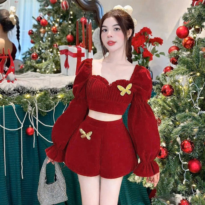 Set Áo Nhún Ngực Phối Quần Phồng Vải Nhung Kem Phụ Kiện Bướm Vàng Xinh Xắn Tp33 - Golden Dream