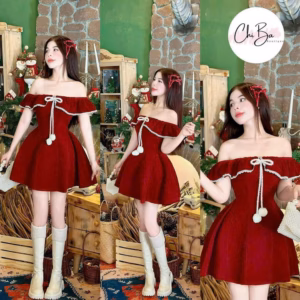 Váy Trễ Vai Nữ Vải Nhung Phối Ren Viền Đi Chơi Tết Hoặc Chơi Noel Đều Đẹp Tp91 - Golden Dream