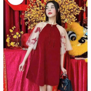 Đầm Nữ Vải Nhung Phối Tay Lưới Thêu Bướm Thắt Nơ Cổ Xinh Tp344 - Golden Dream