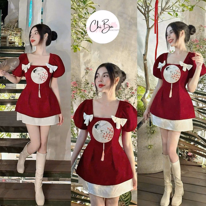 Set Áo Nhung Phối Chân Váy Tapta Có Lót Hình Thêu Phối Nơ Trắng 2 Bên Tp999 - Golden Dream