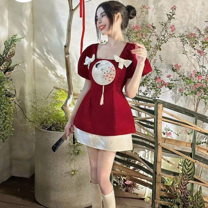 Set Áo Nhung Phối Chân Váy Tapta Có Lót Hình Thêu Phối Nơ Trắng 2 Bên Tp999 - Golden Dream - Ảnh 2