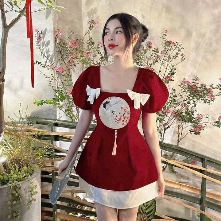 Set Áo Nhung Phối Chân Váy Tapta Có Lót Hình Thêu Phối Nơ Trắng 2 Bên Tp999 - Golden Dream - Ảnh 3