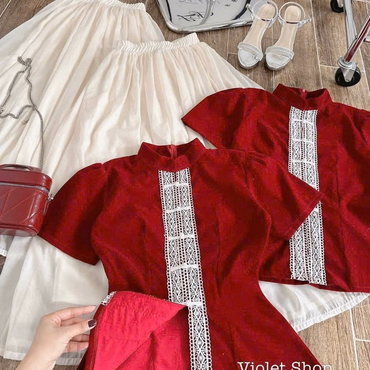 Set Váy Tơ 2 Lớp Phối Áo Nhung Cổ Tàu Nữ Phối Viền Ren Dọc Siêu Xinh Tp800 - Golden Dream - Ảnh 3