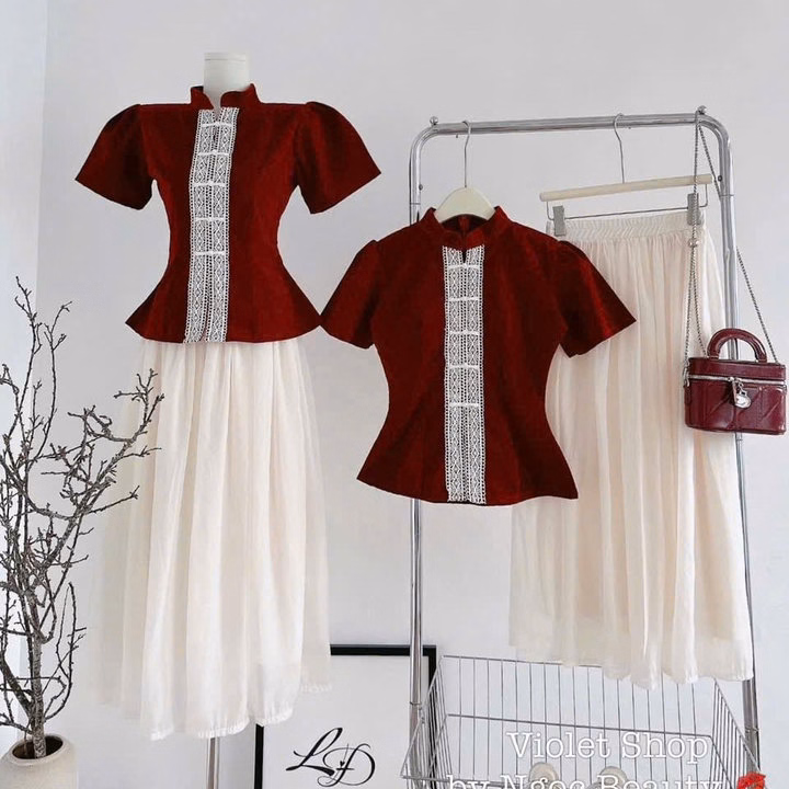 Set Váy Tơ 2 Lớp Phối Áo Nhung Cổ Tàu Nữ Phối Viền Ren Dọc Siêu Xinh Tp800 - Golden Dream