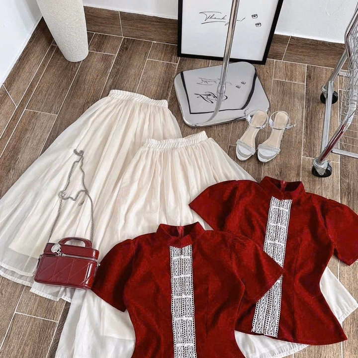 Set Váy Tơ 2 Lớp Phối Áo Nhung Cổ Tàu Nữ Phối Viền Ren Dọc Siêu Xinh Tp800 - Golden Dream - Ảnh 5