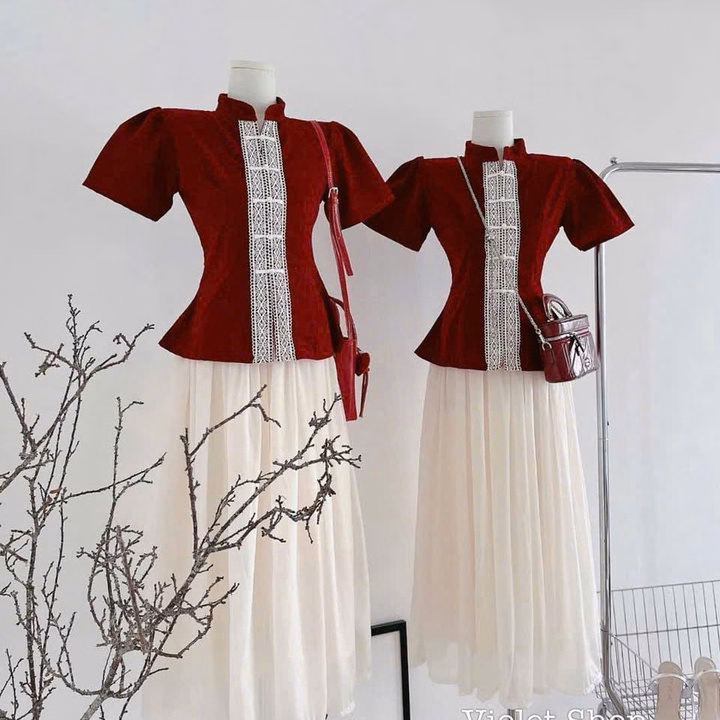 Set Váy Tơ 2 Lớp Phối Áo Nhung Cổ Tàu Nữ Phối Viền Ren Dọc Siêu Xinh Tp800 - Golden Dream - Ảnh 4