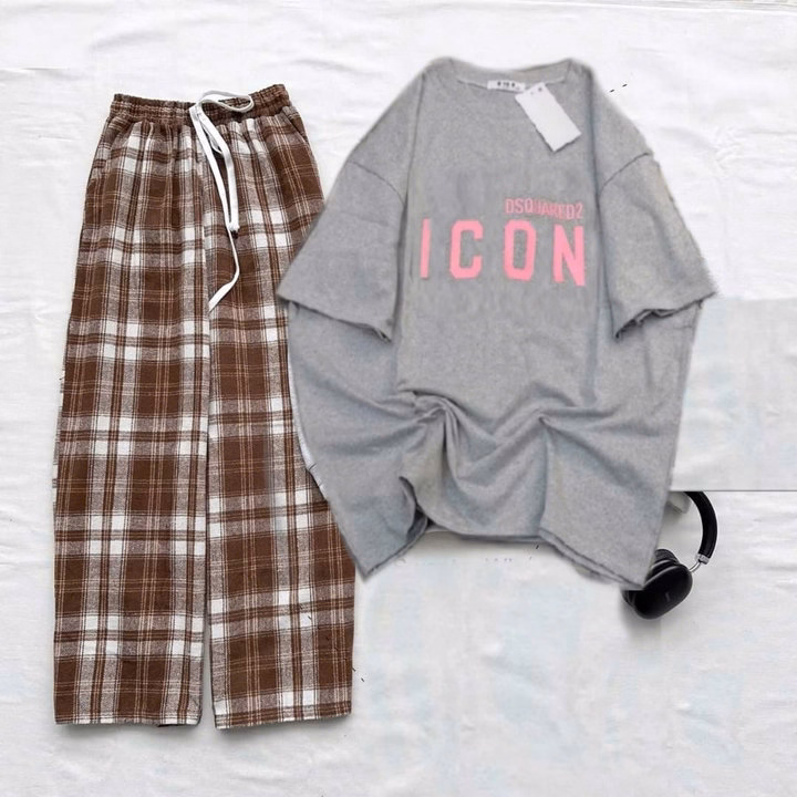 Tổng Hợp Các Mẫu Quần Ống Rộng Cạp Cao + Mix Áo Phông Form Rộng Chữ -Icon Xám - Ảnh 7