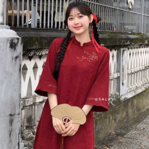 Set Áo Dài Nhung Thêu Hoa Phối Quần Tuyết Nhung Bt1357-Nana House