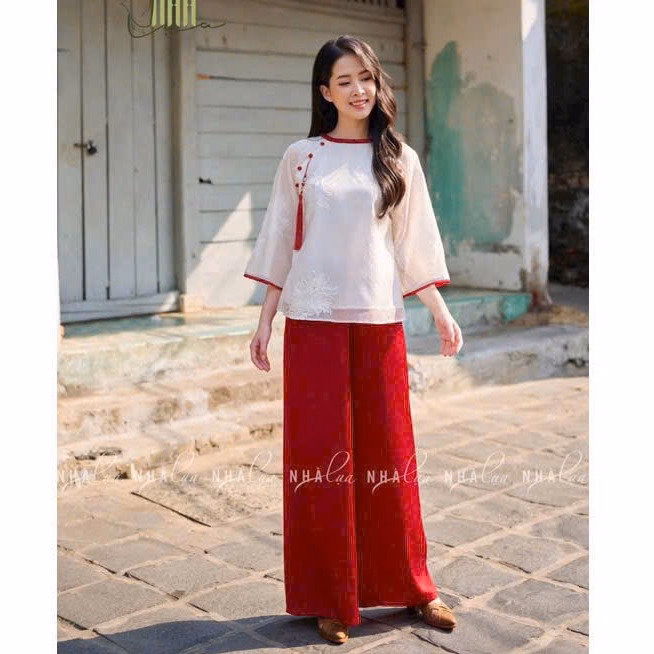 Set Đồ Nữ Áo Gấm Thêu Hạc Cổ Tròn Phối Quần Tuyết Nhung Tp10 - Golden Dream