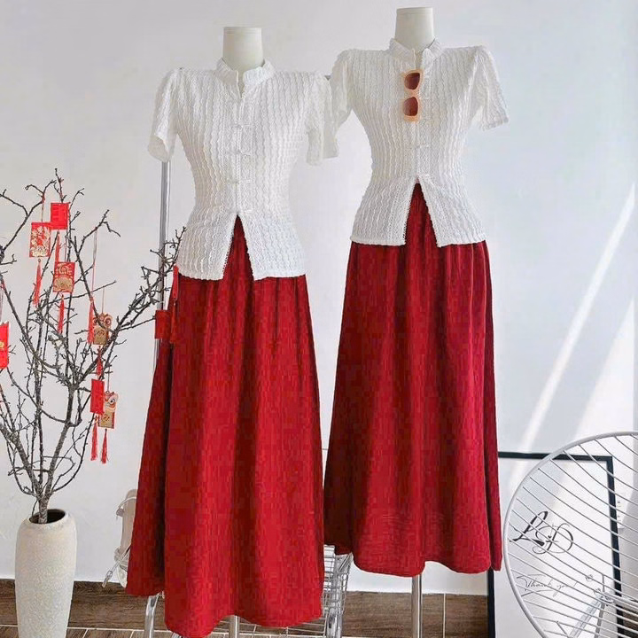 Sét Đầm Váy Nữ Áo Xốp Cổ Tàu Phối Váy Tơ 2 Lớp Đi Chơi Tết, Chơi Noel Đều Đẹp Tp20 - Golden Dream - Ảnh 2