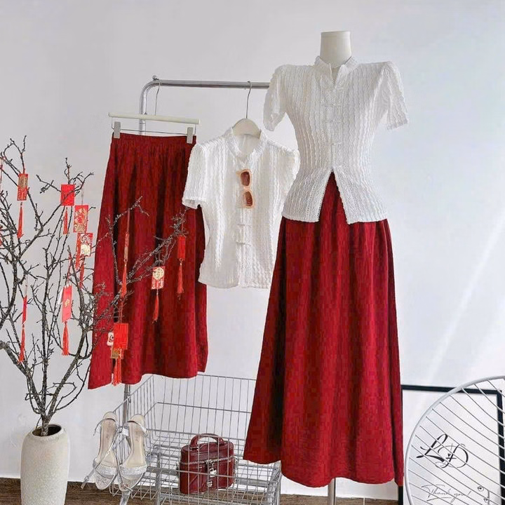 Sét Đầm Váy Nữ Áo Xốp Cổ Tàu Phối Váy Tơ 2 Lớp Đi Chơi Tết, Chơi Noel Đều Đẹp Tp20 - Golden Dream