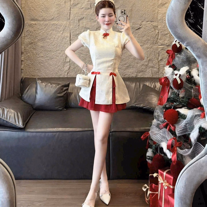 Sét Đầm Váy Nữ Áo Gấm Xẻ Tà Phối Váy Tơ Có Lót Quần Xinh Tp40 - Golden Dream