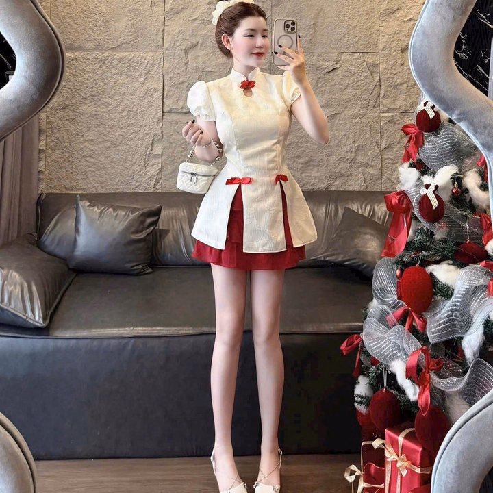 Sét Đầm Váy Nữ Áo Gấm Xẻ Tà Phối Váy Tơ Có Lót Quần Xinh Tp40 - Golden Dream - Ảnh 2