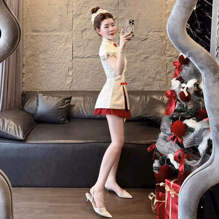 Sét Đầm Váy Nữ Áo Gấm Xẻ Tà Phối Váy Tơ Có Lót Quần Xinh Tp40 - Golden Dream - Ảnh 4