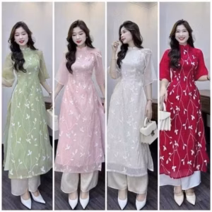 Set Áo Dài Voan Tơ Thêu Hoa Phối Quần Lụa Bt130Y- Nana House