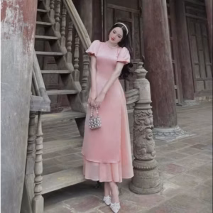 Set Áo Dài Tuyết Nhung Cổ Đính Ngọc Phối Chân Váy Tơ 2 Lớp Bh120S- Sam Store