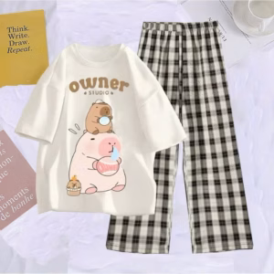 (17-55Kg) Bộ Đồ Quần Kẻ Caro Xuông Cho Bé Gái + Mix Áo Phông Form Rộng Tay Lỡ Owner Siêu Xinh