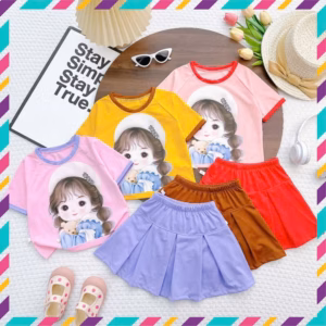 Set Váy Xếp Ly Bé Gái In Bé Nón, Váy Có Quần Chip Trong Chất Thun Mềm - Be Yourself