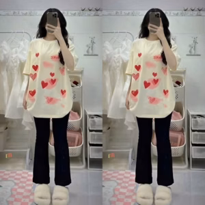 Sét Quần Ống Loe Umi + Mix Áo Phông Tim Be Form Rộng Tay Lỡ