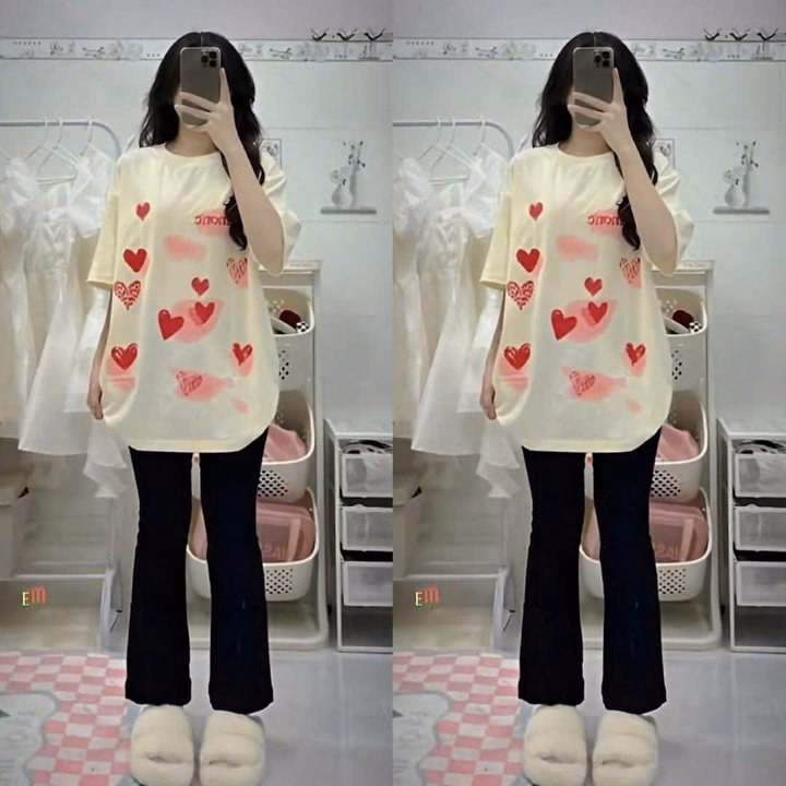 Sét Quần Ống Loe Umi + Mix Áo Phông Tim Be Form Rộng Tay Lỡ