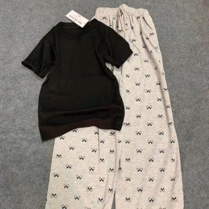 Sét Bô Quần Hoạ Tiết Nơ + Áo Phông Croptop Cộc Tay Trơn Chất Gân Tăm - Ảnh 3