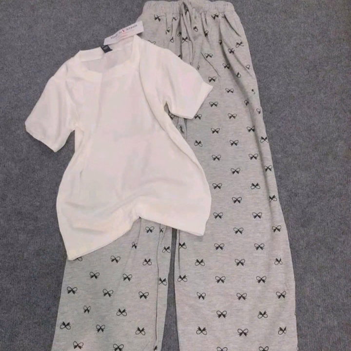 Sét Bô Quần Hoạ Tiết Nơ + Áo Phông Croptop Cộc Tay Trơn Chất Gân Tăm - Ảnh 2