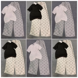 Sét Bô Quần Hoạ Tiết Nơ + Áo Phông Croptop Cộc Tay Trơn Chất Gân Tăm