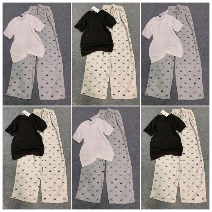 Sét Bô Quần Hoạ Tiết Nơ + Áo Phông Croptop Cộc Tay Trơn Chất Gân Tăm