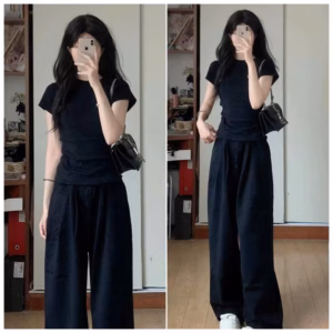 Sét Bộ Quần Ống Rộng Cạp Chun Hack Dáng+ Áo Phông Croptop Cộc Tay Trơn Chất Gân Tăm