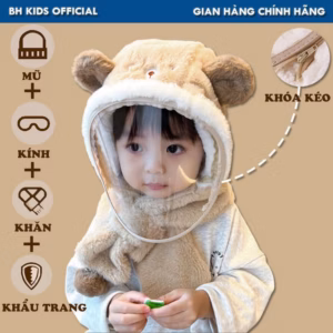 Combo Mũ Trùm Đầu Có Kính Giữ Ấm 4 Trong 1 Bh Kids Cho Bé, Chống Giọt Bắn, Vải Lông Cừu, In Hình Gấu Xinh Xắn Ch175 - Bh Kids