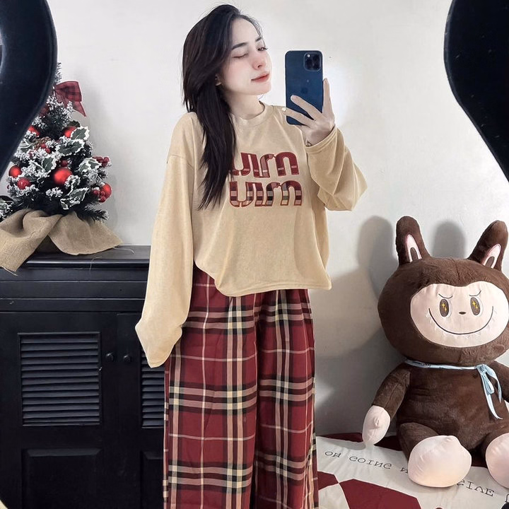 Set Bộ Tăm Lạnh Form Rộng Phối Quần Đũi Caro Thêu Chữ Bt95S- Sam Store