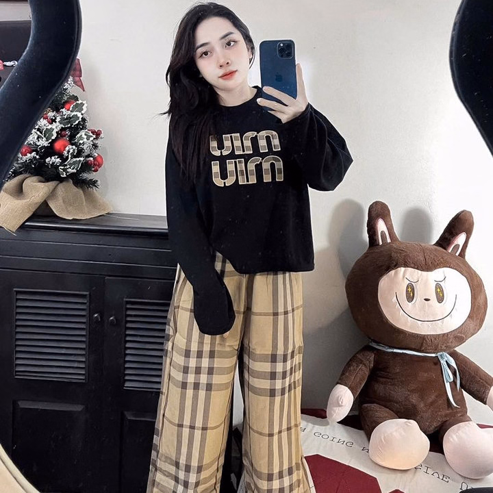 Set Bộ Tăm Lạnh Form Rộng Phối Quần Đũi Caro Thêu Chữ Bt95S- Sam Store - Ảnh 2