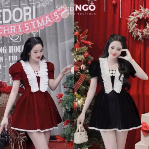 Đầm Nữ Vải Nhung Phối Cổ Ren Chữ V Tay Bồng Siêu Xinh Cho Các Nàng Tp777 - Golden Dream