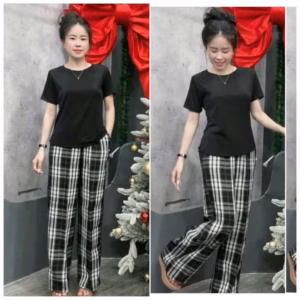 Set Bộ Quần Kẻ Caro Đen + Áo Phông Croptop Cộc Tay Trơn Chất Tăm Hàn Lạnh