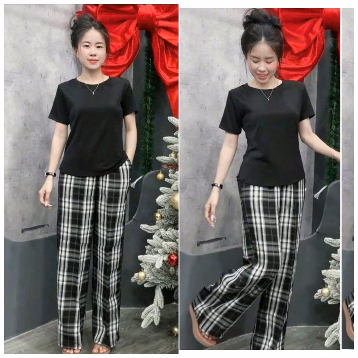 Set Bộ Quần Kẻ Caro Đen + Áo Phông Croptop Cộc Tay Trơn Chất Tăm Hàn Lạnh