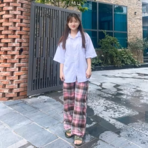 Sét Bộ Quần Ống Rộng Kẻ Caro Hồng + Mix Áo Sơ Mi Trắng Cộc Tay