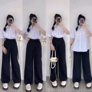 Sét Bộ Học Sinh Quần Ống Rộng Cạp Chun Hách Dáng+ Áo Sơ Mi Cộc Tay Form Rộng