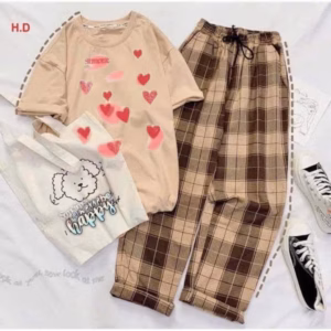 Sét Quần Kẻ Caro Ống Rộng + Áo Phông Form Rộng Tay Lỡ Cotton