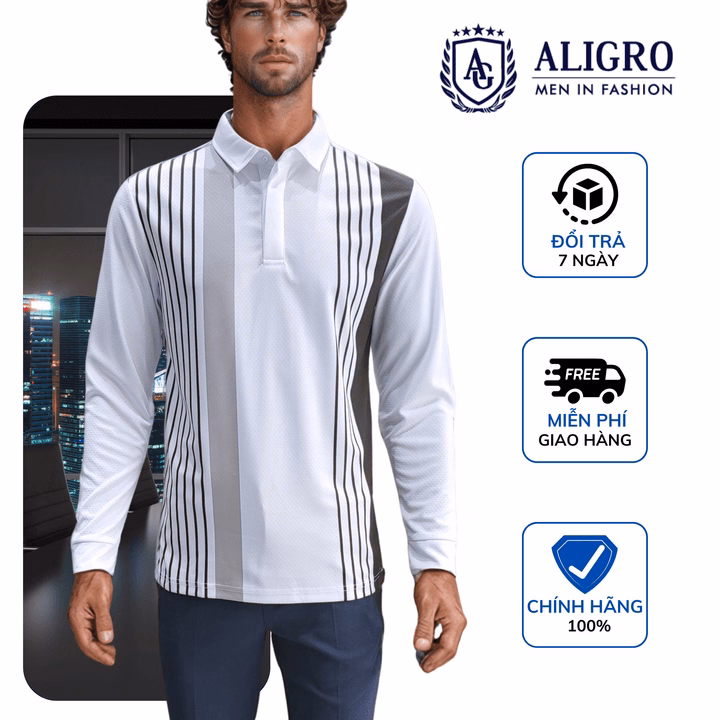 Áo Polo Dài Tay Nam, Áo Thun Dài Tay Aligro Có Cổ Họa Tiết Trắng Kẻ Sọc, Co Giãn Cao Cấp, Vải Mềm Mịn Thoáng Mát Algapd067