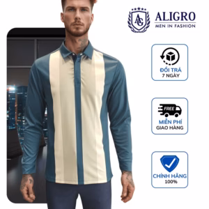 Áo Polo Dài Tay Nam, Áo Thun Dài Tay Aligro Có Cổ Họa Tiết Xanh Kẻ Sọc, Co Giãn Cao Cấp, Vải Mềm Mịn Thoáng Mát Algapd068