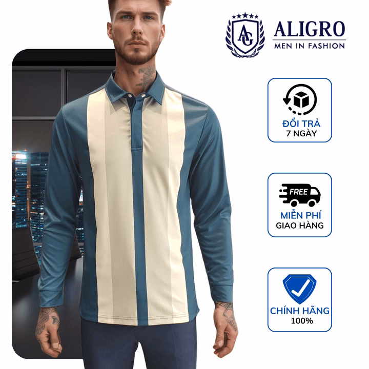 Áo Polo Dài Tay Nam, Áo Thun Dài Tay Aligro Có Cổ Họa Tiết Xanh Kẻ Sọc, Co Giãn Cao Cấp, Vải Mềm Mịn Thoáng Mát Algapd068