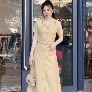 Xả Hàng Set Cotton Lạnh Phối Chân Váy Dài Lưng Thun Khóa Kéo N15- Nana House