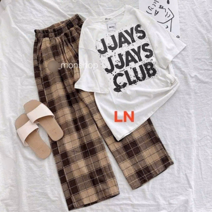 Sét Bộ Quần Kẻ Caro Ống Rộng Nâu+Mix Áo Phông Jjays Clubs Tay Lỡ Cộc Tay - Ảnh 2