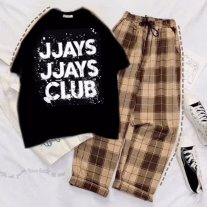 Sét Bộ Quần Kẻ Caro Ống Rộng Nâu+Mix Áo Phông Jjays Clubs Tay Lỡ Cộc Tay
