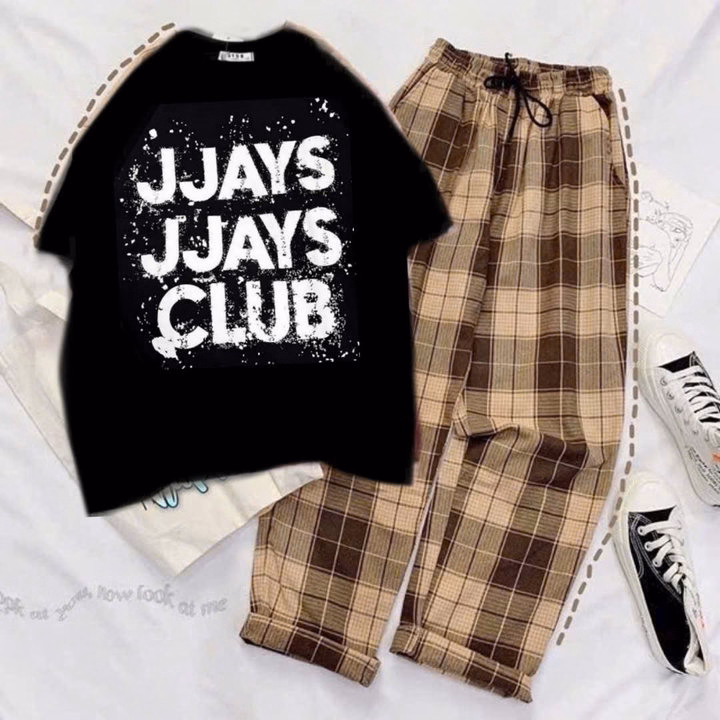 Sét Bộ Quần Kẻ Caro Ống Rộng Nâu+Mix Áo Phông Jjays Clubs Tay Lỡ Cộc Tay