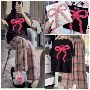 Sét Quần Kẻ Caro Hồng Ống Rộng +Mix Áo Phông Nơ Rúm Form Rộng