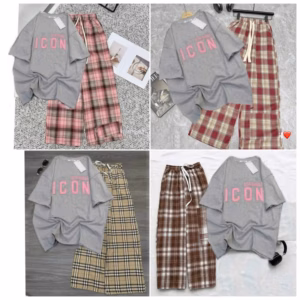 Tổng Hợp Các Sét Bộ Quần Kẻ Caro + Mix Áo Phông Icon Xám Form Rộng Nam Nữ