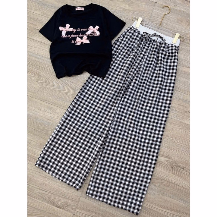 Sét Bộ Quần Kẻ Caro Mini Mẫu Mới Ống Rộng+ Mix Áo Croptop Chất Tăm Hàn Lạnh Form Ngắn Co Dãn- Chữ Beautiful - Ảnh 2