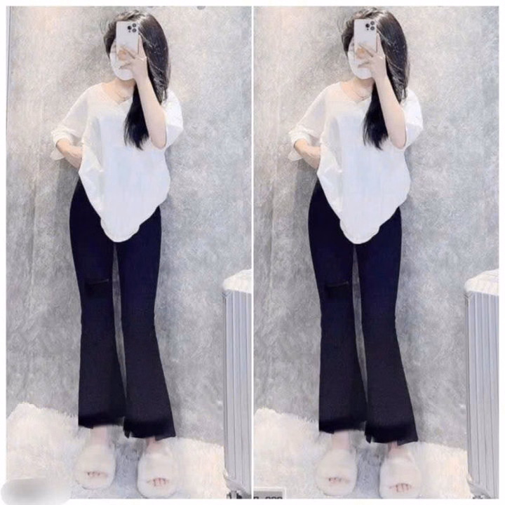 Set Quần Ống Loe Trơn + Mix Áo Phông Thụng Cổ Tim Trơn Chất Su
